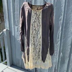 Indigo Soul Tunic Blouse/Short Dress w/Lace Ruffle Boho (Size L)-Grey